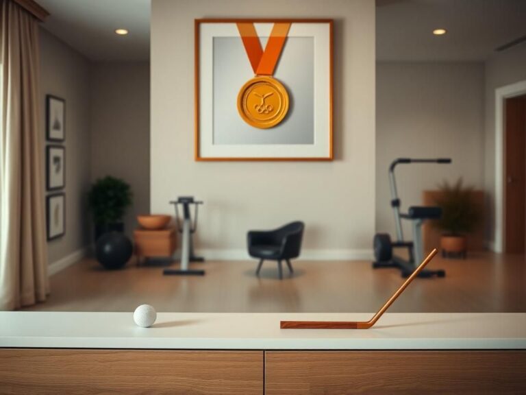 Flick International A minimalist living room featuring subtle golf memorabilia and an empty shelf