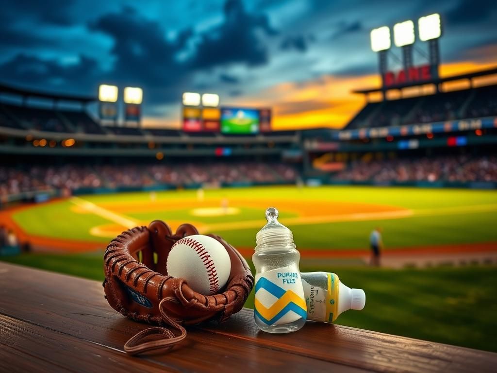 Flick International A baseball glove and colorful baby bottle resting on a bench at a baseball stadium during sunset
