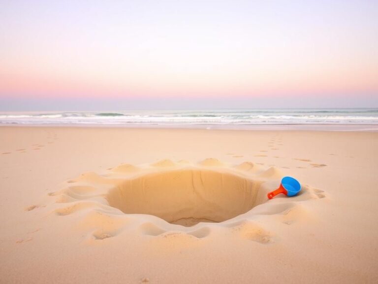 Flick International Serene beach scene at sunrise with a water-filled hole surrounded by sand and children's toys.
