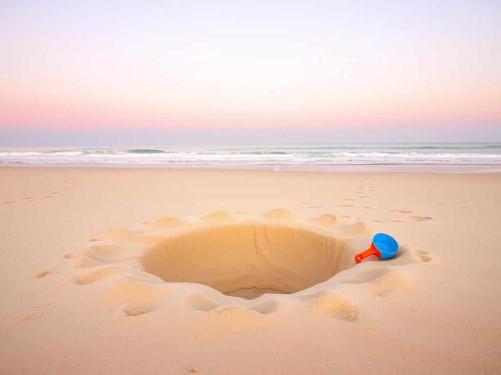 Flick International Serene beach scene at sunrise with a water-filled hole surrounded by sand and children's toys.