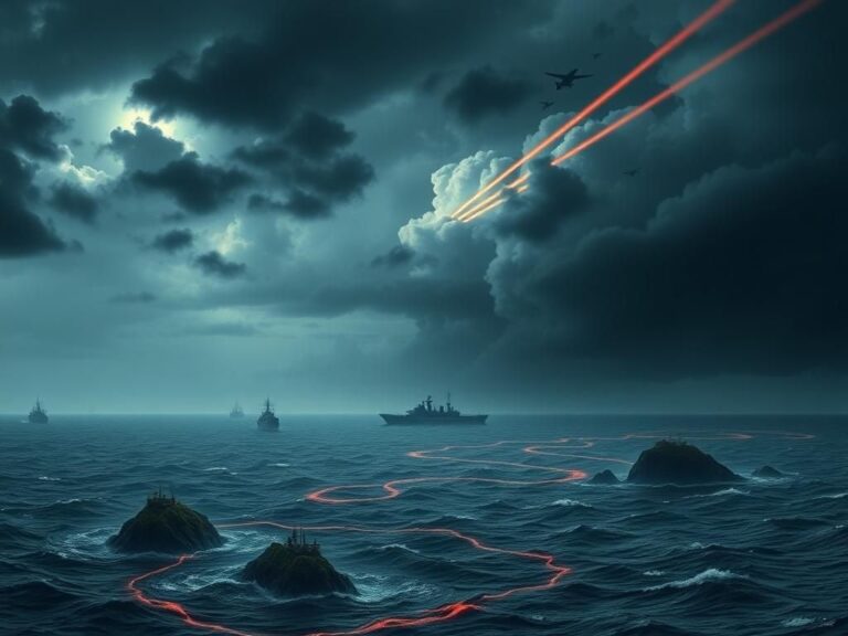 Flick International Dramatic landscape of the Indo-Pacific with dark storm clouds, symbolizing tensions with China, Russia, and North Korea.