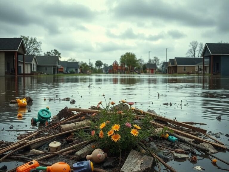 Flick International A serene landscape of a Texas town impacted by flooding, showing submerged houses and scattered debris.