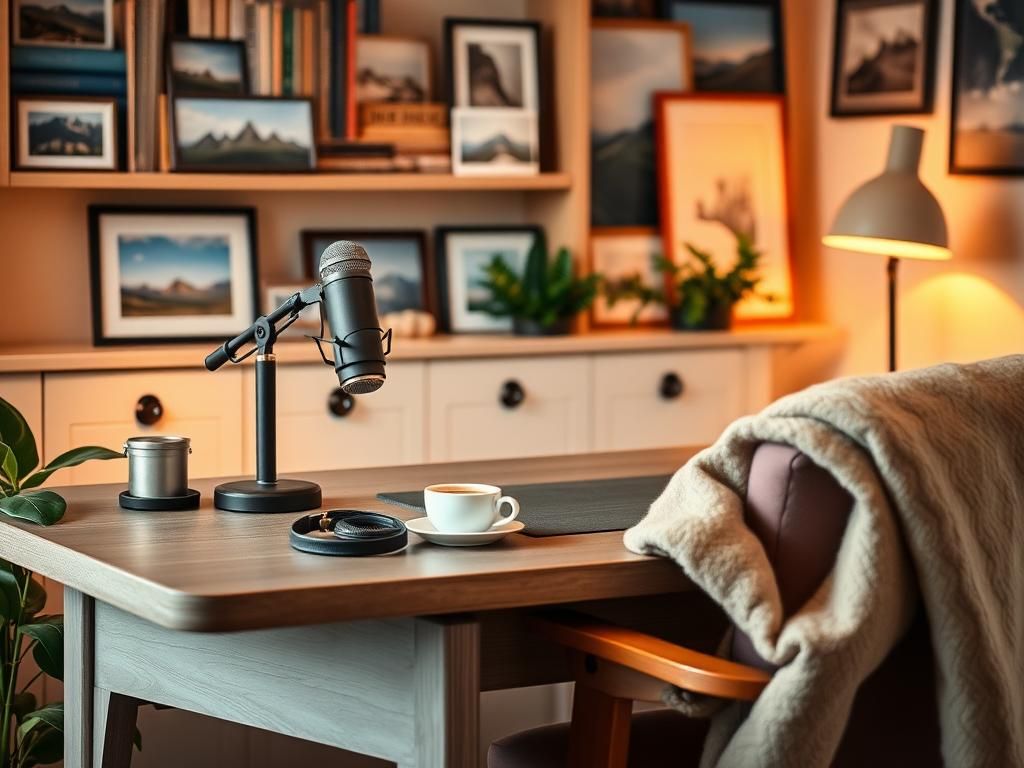Flick International Cozy home office setting featuring a stylish desk with a vintage microphone, symbolizing podcast atmosphere