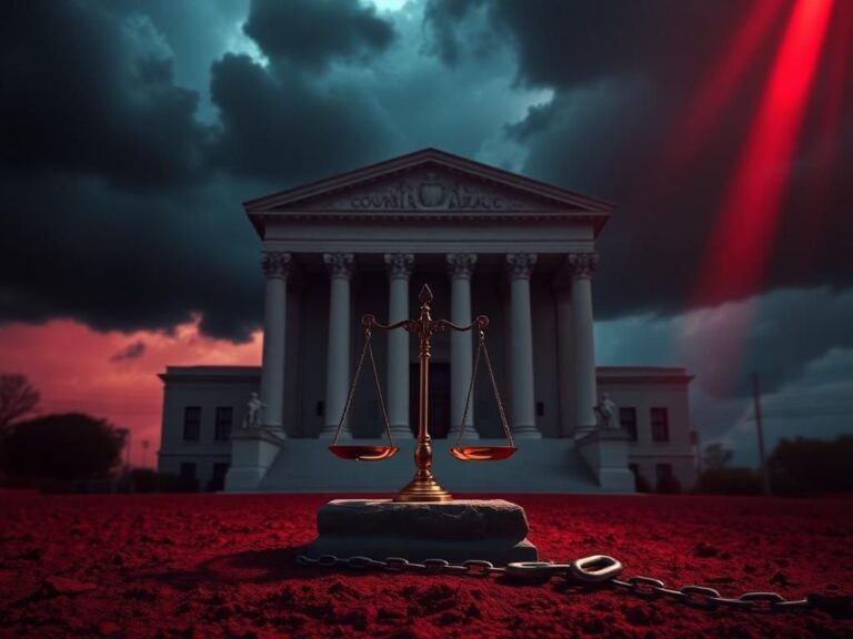 Flick International A somber courthouse scene with dark storm clouds and symbolic scales of justice