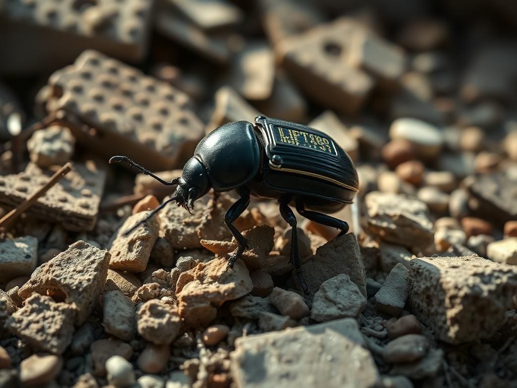 Flick International Close-up of a darkling beetle with a microchip backpack navigating through debris