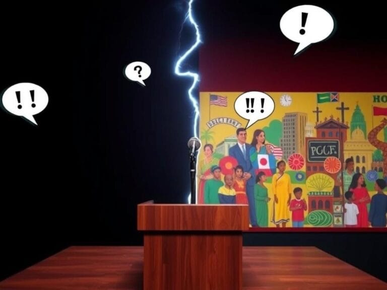 Flick International A dramatic scene depicting a divided debate on immigration featuring contrasting sides of tension and unity