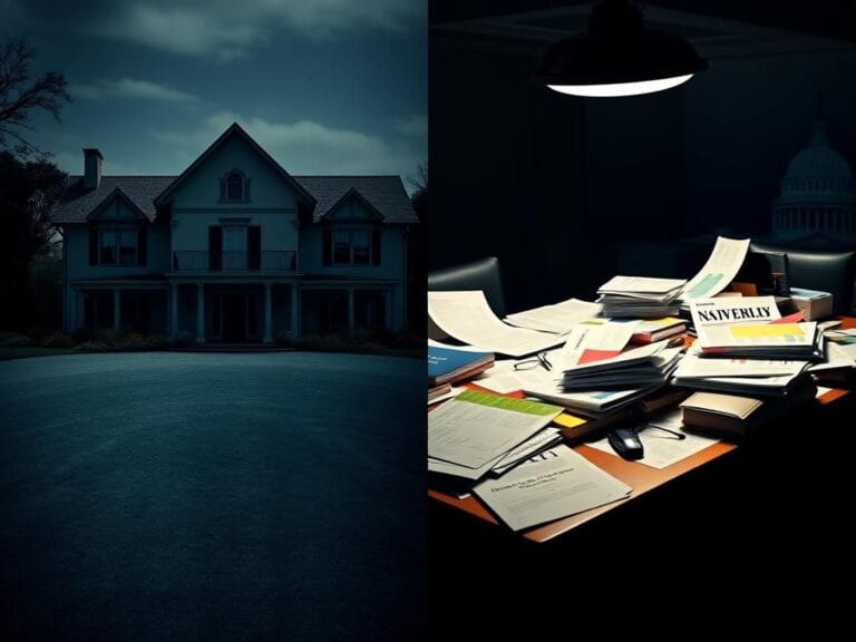 Flick International Split-screen image of Adam Schiff's Maryland property and a chaotic desk with mortgage fraud documents