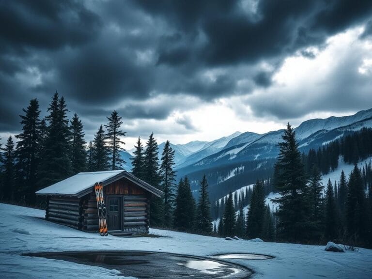 Flick International Alpine landscape with storm clouds above a ski cabin