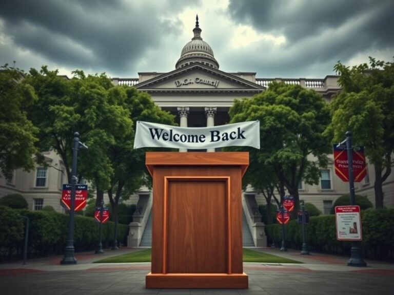 Flick International Exterior view of the D.C. Council building under an overcast sky with an empty podium and 'Welcome Back' banner