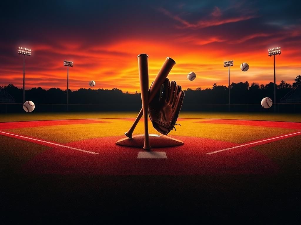 Flick International Abstract representation of a baseball bat and glove facing off on an empty baseball field at sunset