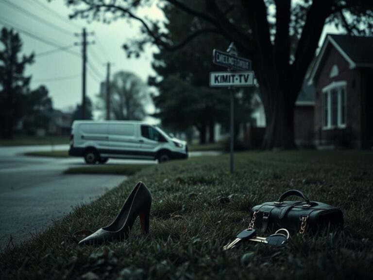 Flick International A lonely high heel shoe on a driveway in a quiet Iowa neighborhood, symbolizing a mysterious disappearance.