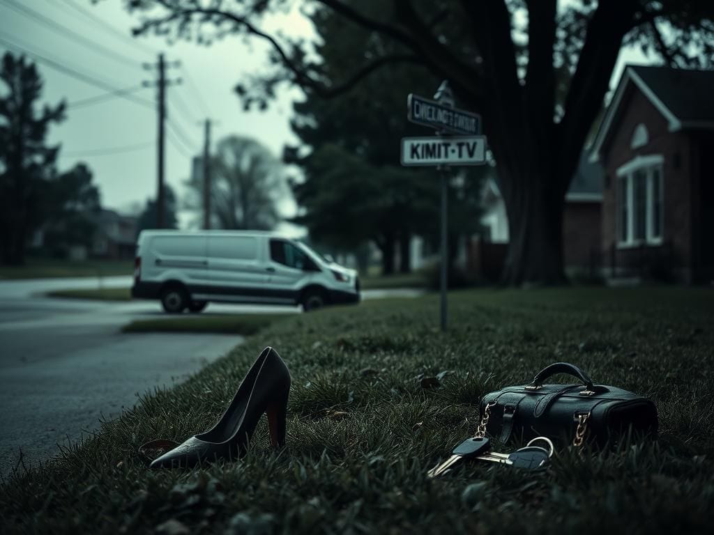 Flick International A lonely high heel shoe on a driveway in a quiet Iowa neighborhood, symbolizing a mysterious disappearance.
