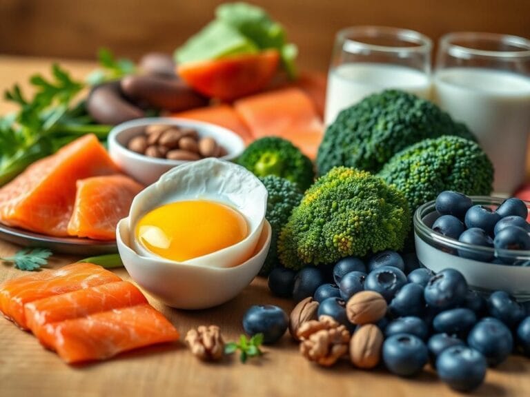 Flick International A vibrant still life featuring choline-rich foods including a sunny-side-up egg, wild salmon, broccoli, blueberries, walnuts, and almond milk