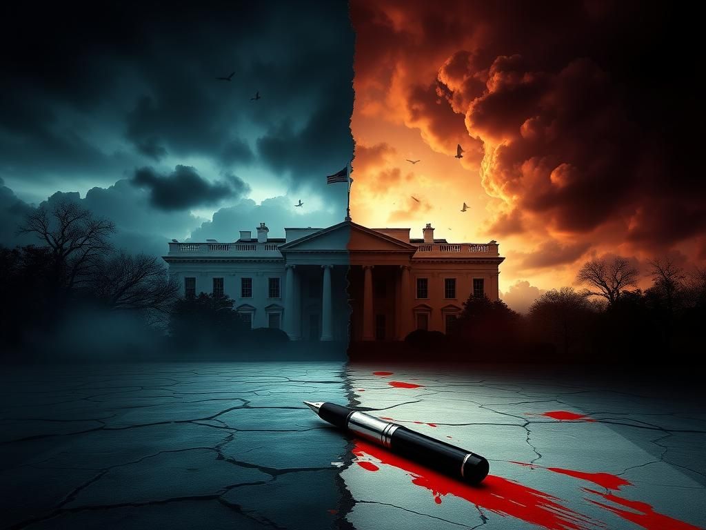 Flick International Abstract representation of political tension with a divided landscape featuring the White House and swirling clouds of misinformation