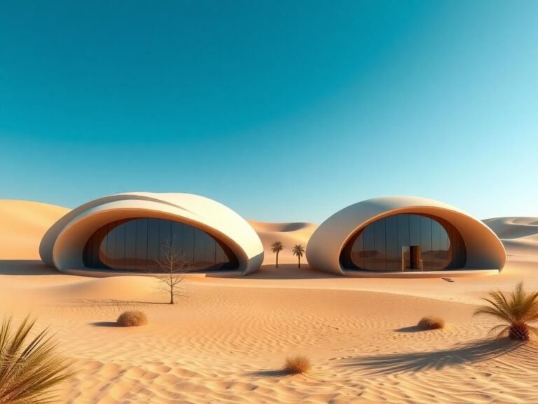 Flick International Panoramic view of two futuristic 3D-printed school buildings in Qatar's desert landscape