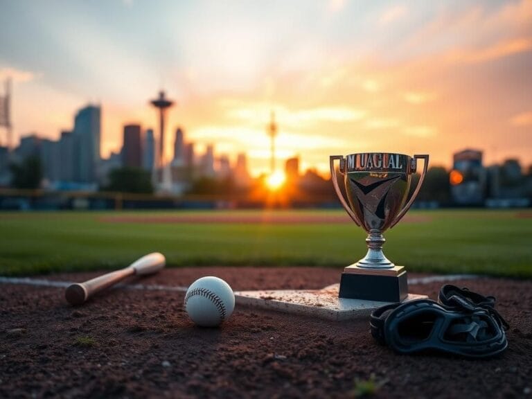 Flick International Sunset baseball field scene with Mariners gear and a trophy