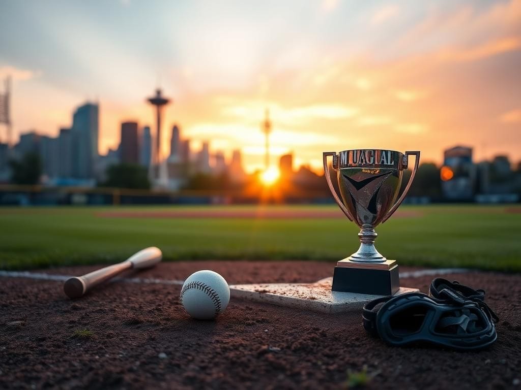 Flick International Sunset baseball field scene with Mariners gear and a trophy