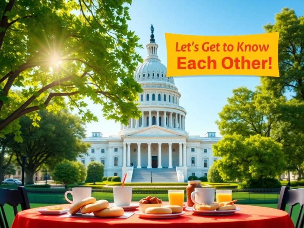 Flick International Exterior view of the U.S. Capitol building framed by trees with a gathering table of breakfast items in the foreground