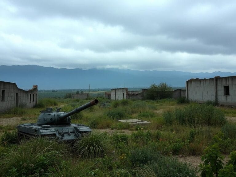 Flick International Stark landscape of a decaying military base, with rusting tanks and overgrown vegetation reflecting the IRGC's setbacks.