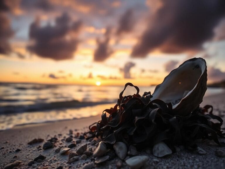 Flick International Sunset view of a Florida beach with contrasting dark seaweed and oyster shell