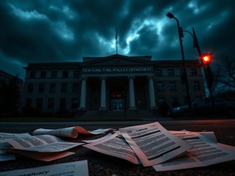 Flick International Exterior view of the New York City Police Department building under dark clouds