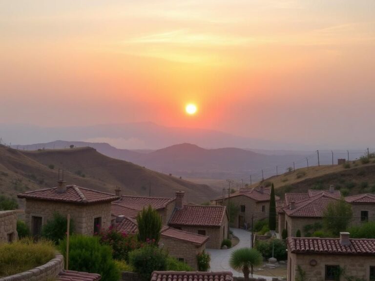 Flick International Serene landscape of Golan Heights with traditional Druze stone houses and sunset
