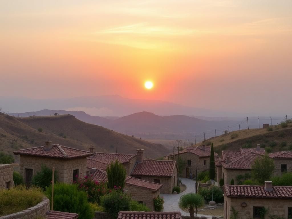 Flick International Serene landscape of Golan Heights with traditional Druze stone houses and sunset