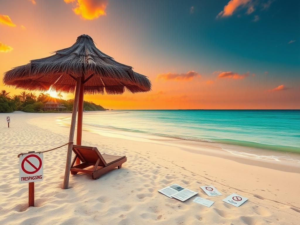 Flick International A tranquil beach scene at sunset with private property signs