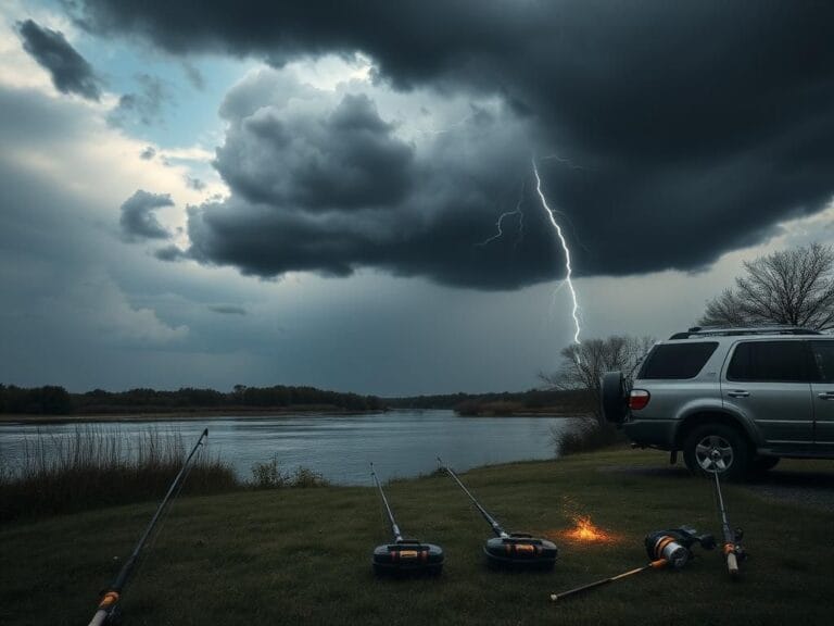 Flick International Tranquil riverside scene with abandoned fishing gear under ominous storm clouds