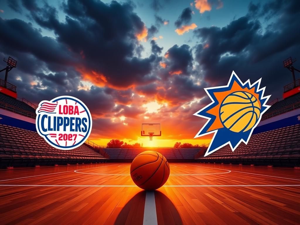Flick International Basketball court at sunset featuring Clippers and Suns logos