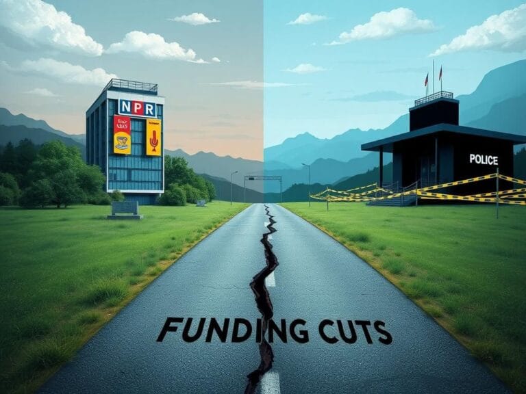 Flick International A divided landscape contrasting public media symbols and a police station representing funding cuts