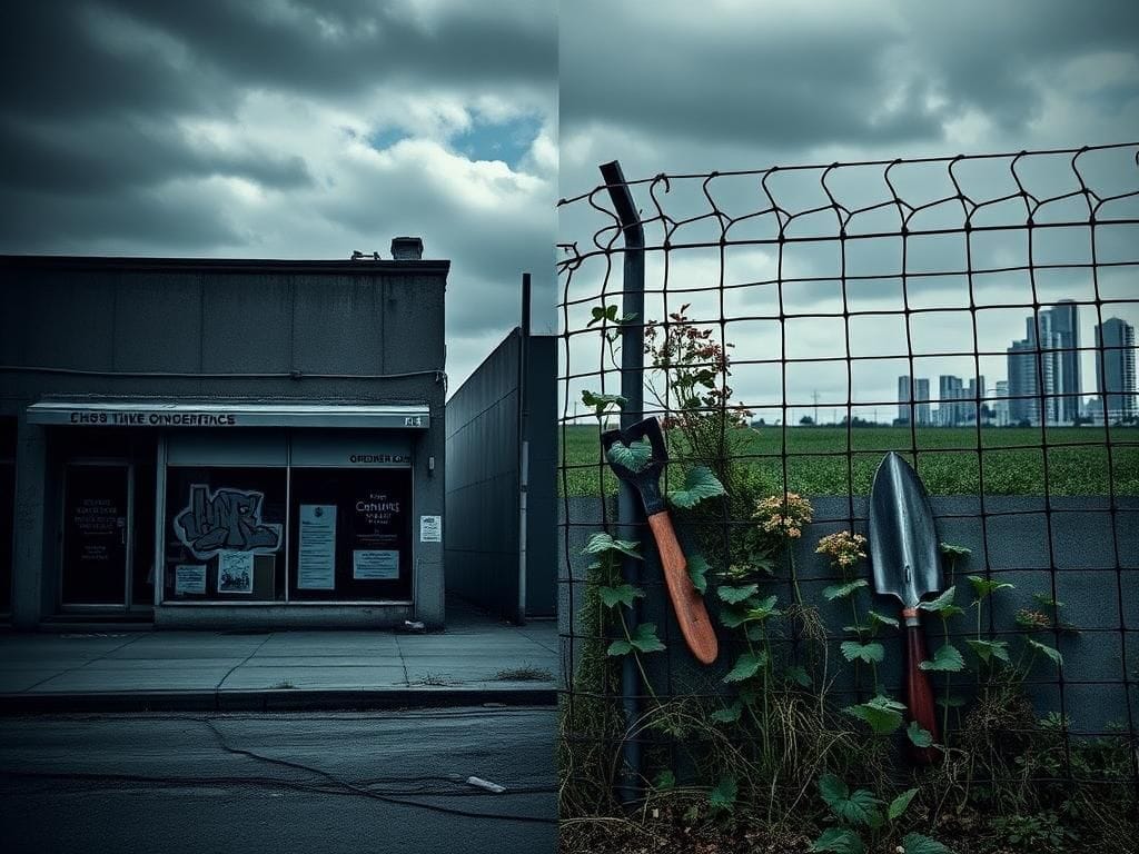 Flick International A dramatic scene contrasting urban decay and law enforcement symbols, depicting organized crime and immigration enforcement.