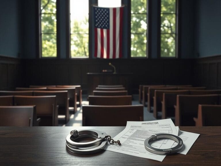 Flick International A courtroom scene showing empty benches and a gavel on the judge's desk with light streaming in