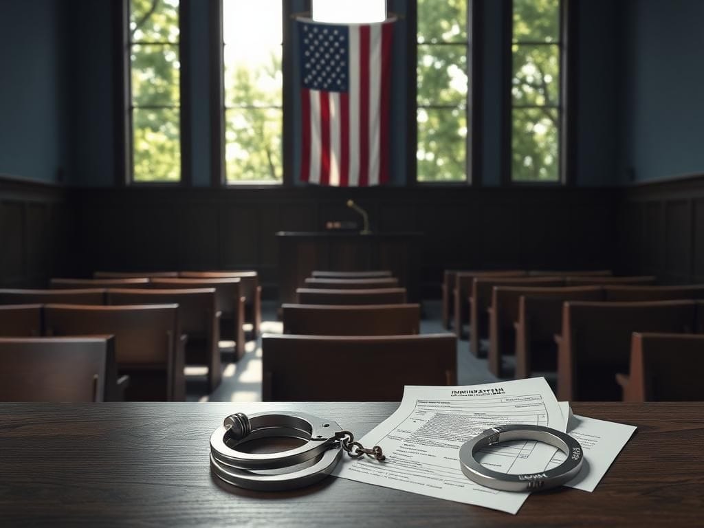 Flick International A courtroom scene showing empty benches and a gavel on the judge's desk with light streaming in
