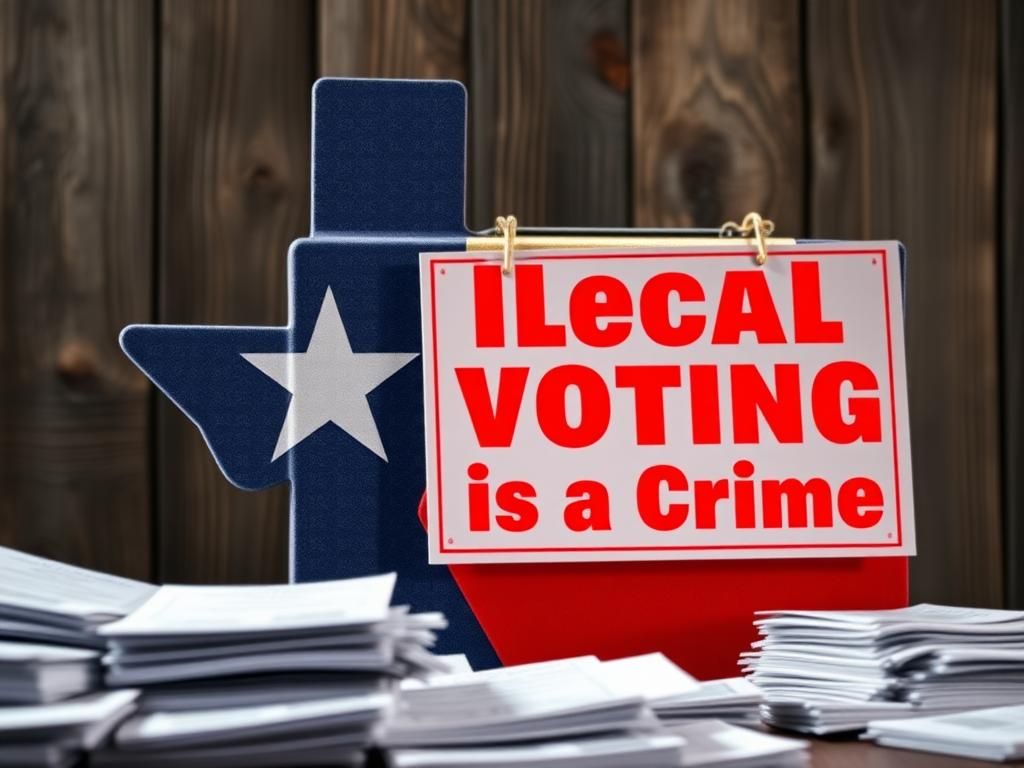 Flick International Close-up of a Texas-shaped voting ballot box with scattered ballots and a warning sign about illegal voting