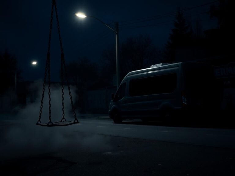 Flick International Dark urban street scene with an empty playground and ominous van reflecting community fear