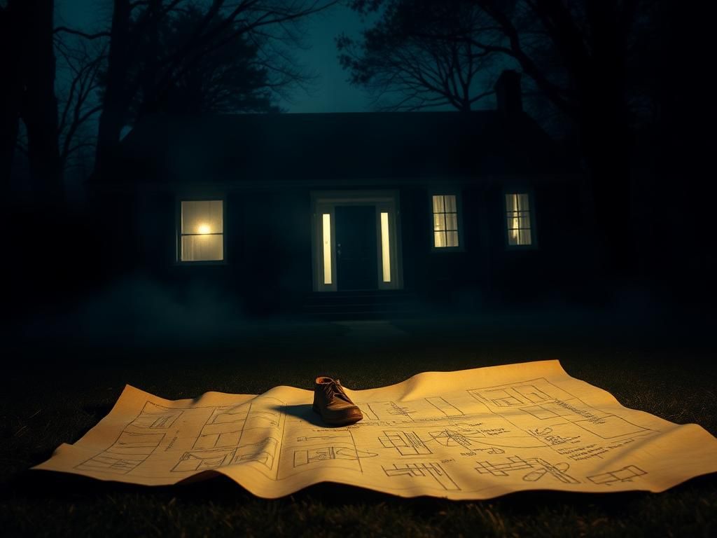 Flick International Dimly lit suburban home at night, with a slightly ajar door and eerie light in the windows