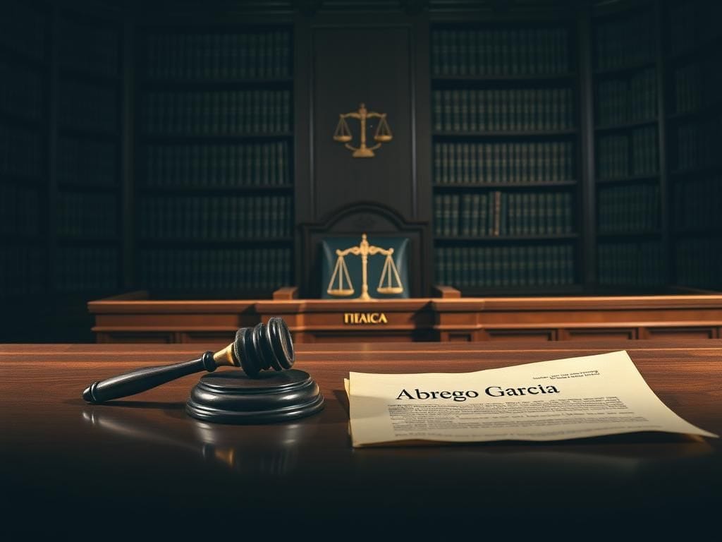 Flick International Dimly lit courtroom scene with judge's bench and gavel