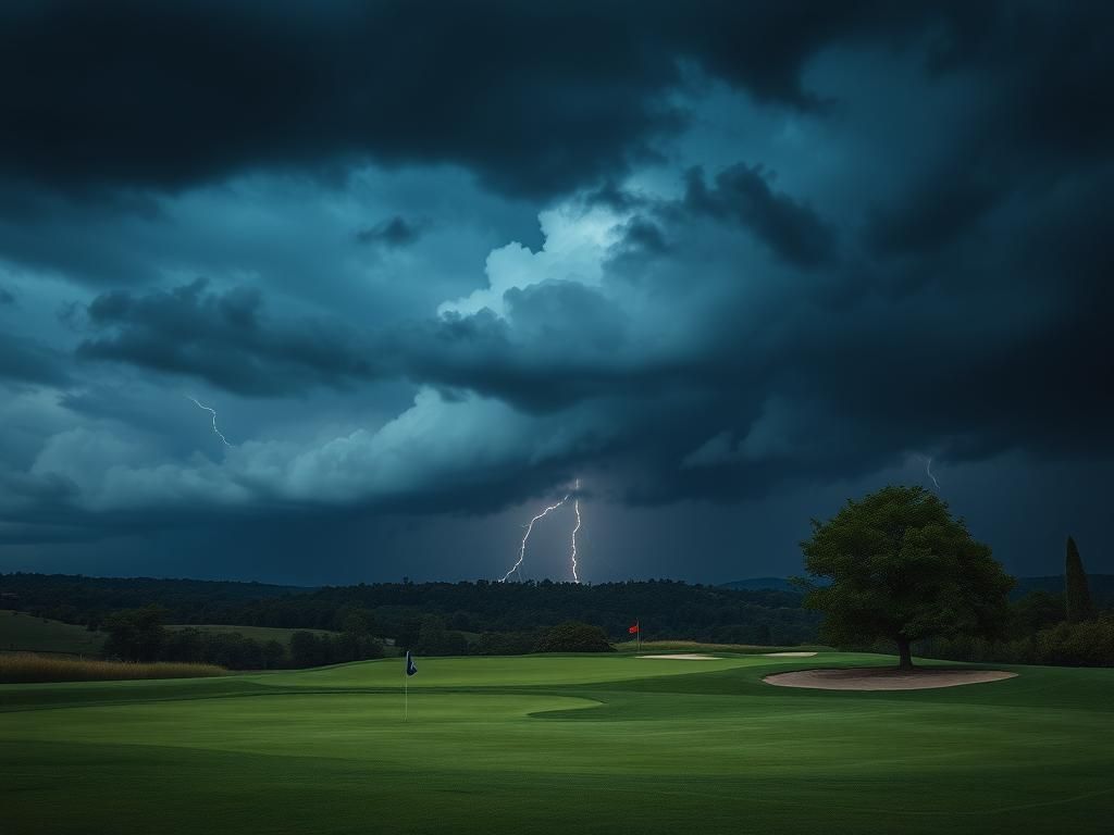 Flick International Serene golf course scene under a stormy sky with dark clouds and lightning