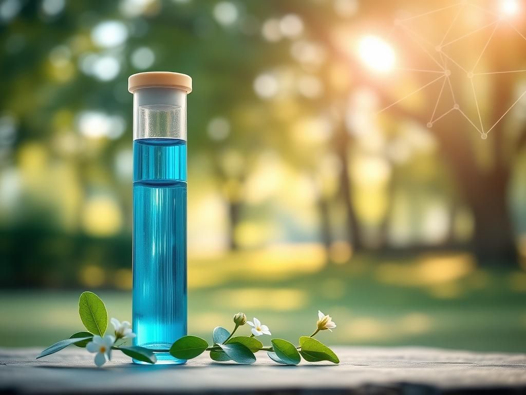 Flick International Modern glass vial with vibrant blue liquid symbolizing Alzheimer's medication surrounded by greenery