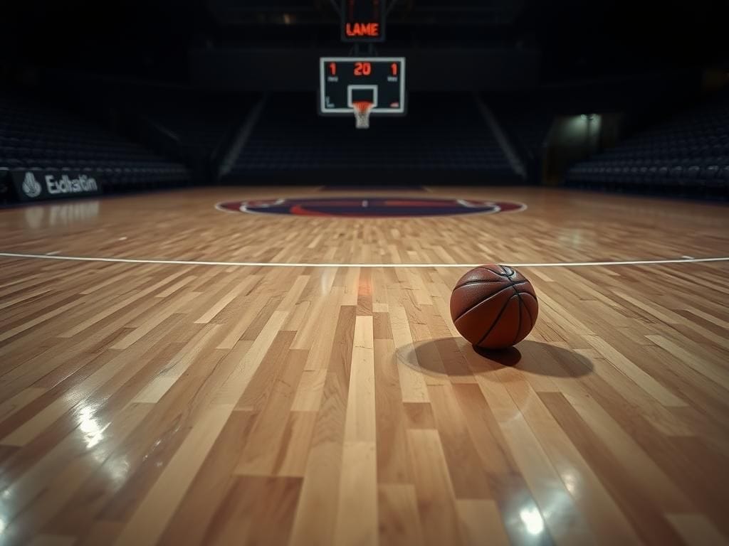 Flick International A close-up view of a basketball court showing an empty hardwood floor and a single deflated basketball near the three-point line