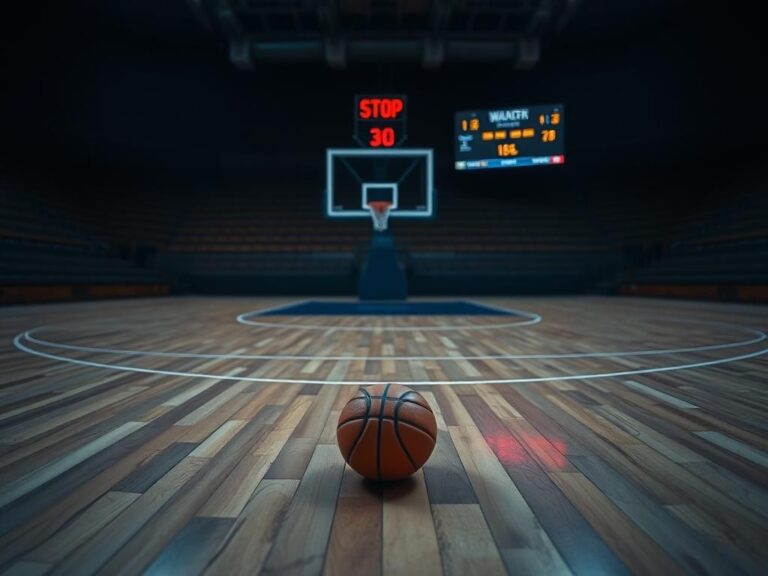 Flick International Empty basketball court with an abandoned basketball, symbolizing the aftermath of the game and the focus on Caitlin Clark's injury.