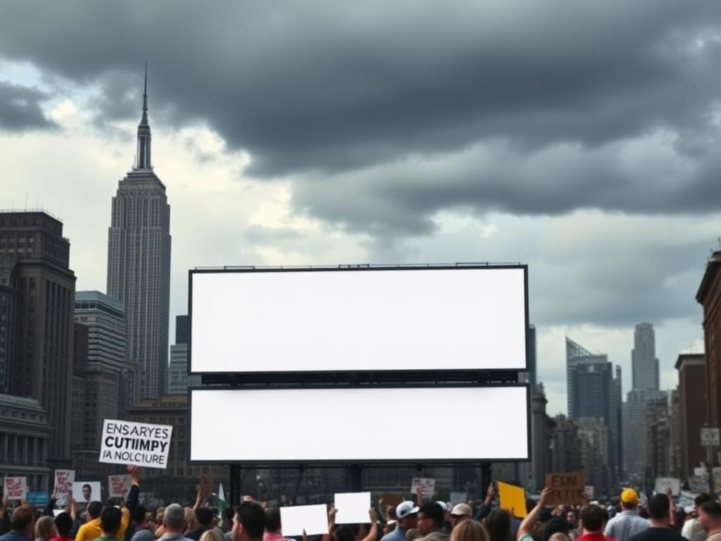 Flick International A bustling urban scene of New York City showcasing a dramatic skyline with the Empire State Building and Rockefeller Center.