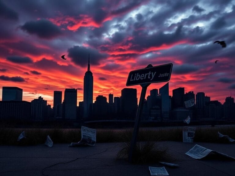 Flick International Dramatic skyline of New York City at dusk with ominous clouds