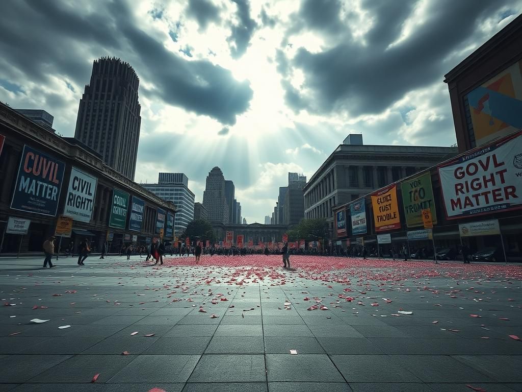 Flick International Vast, empty public square with protest banners against President Trump