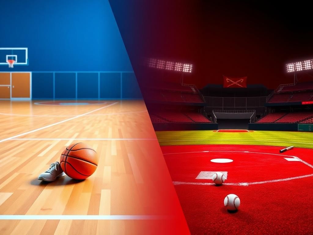 Flick International A vibrant sports-themed image featuring a basketball court and baseball diamond, symbolizing Caitlin Clark's injury and anticipation of her return.