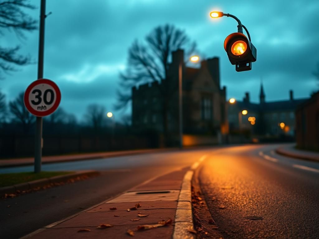 Flick International Serene dusk street scene in Oxford with classic speed limit sign and speeding camera