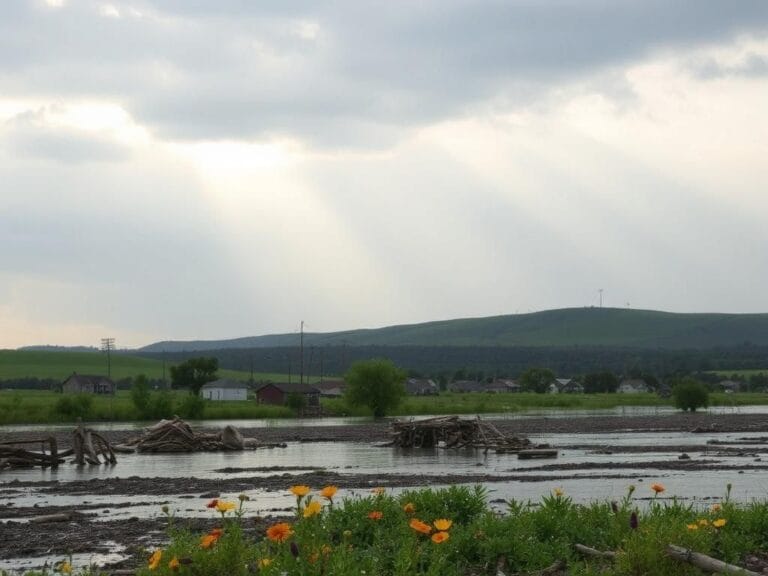 Flick International A serene landscape of a small Texas town devastated by floodwaters, showcasing remnants of homes and vibrant wildflowers symbolizing hope.