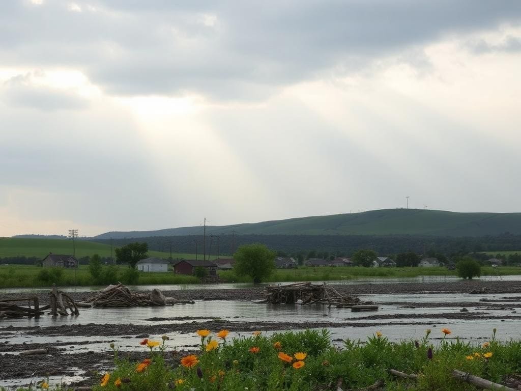Flick International A serene landscape of a small Texas town devastated by floodwaters, showcasing remnants of homes and vibrant wildflowers symbolizing hope.