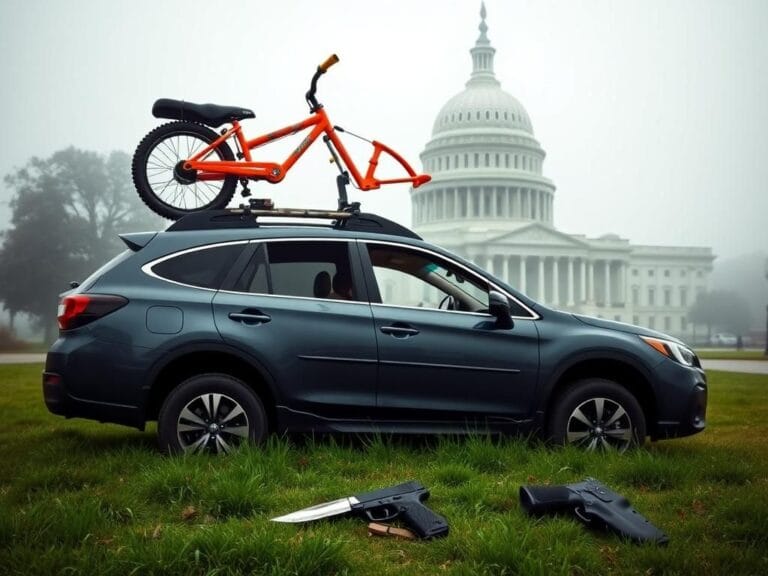 Flick International Subaru Outback parked at US Capitol with tricycle on roof